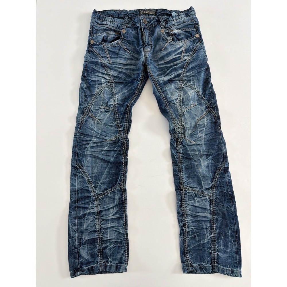 Kosmo Lupo Mens Y2K Acid Wash Stitch Embroidery Straight Leg Jeans Blue 32